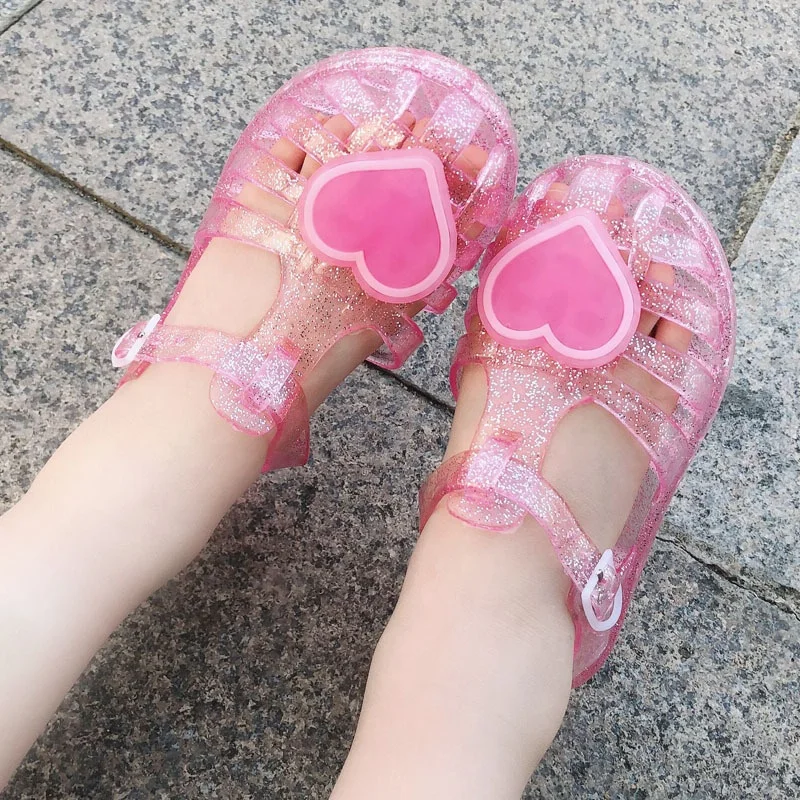 

Girls Heart Jelly Shoes Cute Baby Children's Sandals and Slippers Beach Shoes Kids Crystal Princess PVC Flowers, As picture