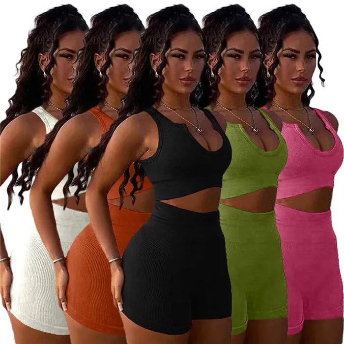 

YD428070 O9281-2021 hot sale woman solid color rib crop top and jogging sports leisure 2 piece short set