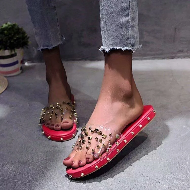 

D12 Most popular summer beach wear ladies jelly sandal shoes wholesale fruit slippers transparent rivet women flat sandals