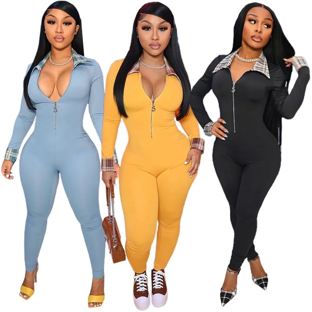 

BA476 Newest design 2021 Fall solid color zippered bodycon jumpsuits plaid sexy womens playsuit