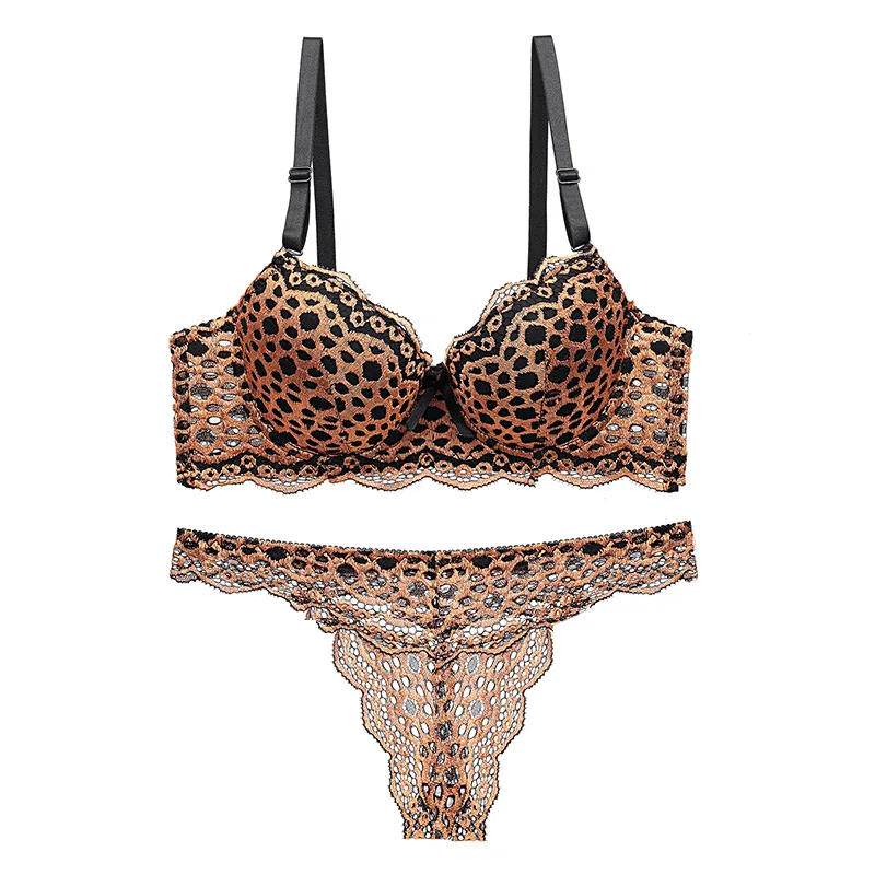 

Leopard print sexy bra set lace hollow out top thin bottom thick underwear set Factory Direct Sales Wholesale, 4colors