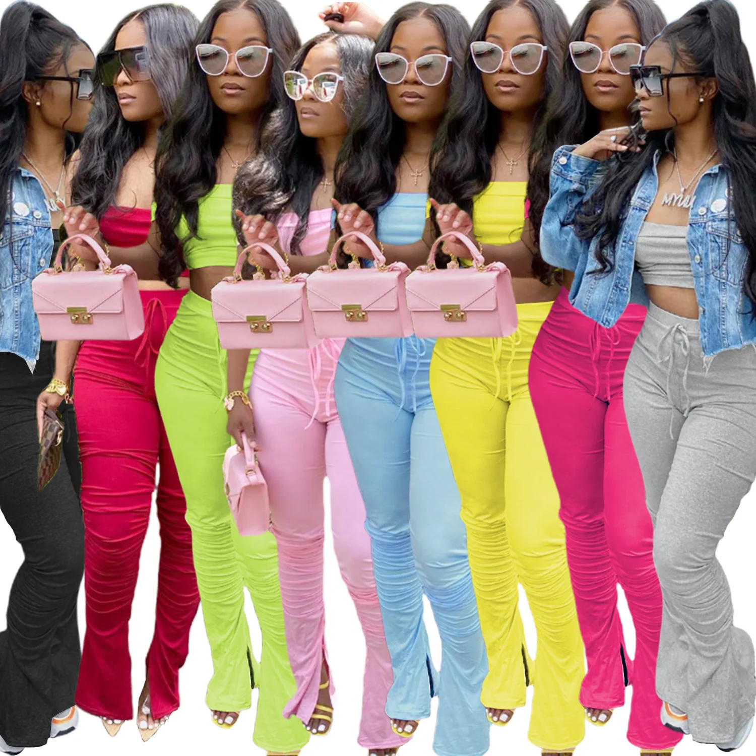 

Two 2 Piece Set Tight Off Shoulder Crop Top Shirts Flare Woman Clothing Vendors For Women Stacked Pant clothing 2 peice outfits, Yellow, rose red,black, pink, red, gray, light blue, fluorescent green