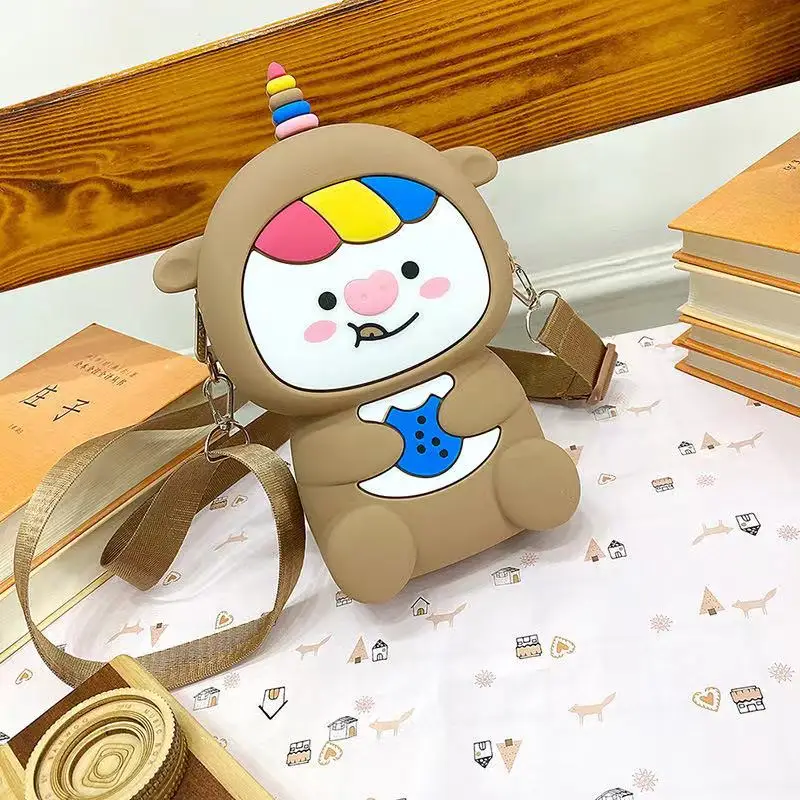 

2021 Hot sale kids cute cartoon backpack kawaii Rainbow pig coin bag zipper mini across bag silicone coin purses pouch bag