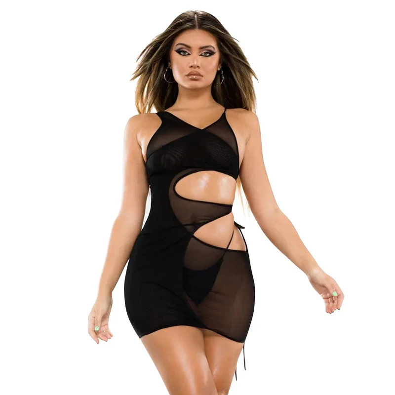 

Night Club Party Street Women's Sets With Hollow Out Pure Color Irregular Hollow Mesh Stitching Suspender Skirt Women's