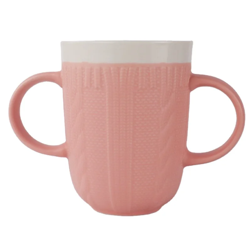 

Wholesale Nordic Knitting Porcelain Ceramic Mug Embossed color Mug Sweater Cup With Double Handle, White color