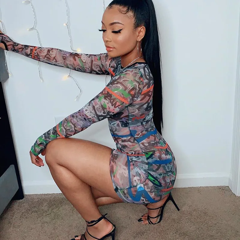 

2021 Fashion Graffiti Print Mesh Dress Transparent See Through Sexy Mini Dresses Casual O-Neck Long Sleeve Summer Dress Women, Multicolor