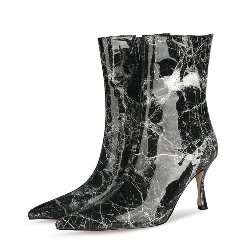 

Beauty Marbling Print Surface Girl 2021 Spring Ankle Boots Pointed Toe High Thin Heels Sexy Zipper 8 CM High Heels, Black white