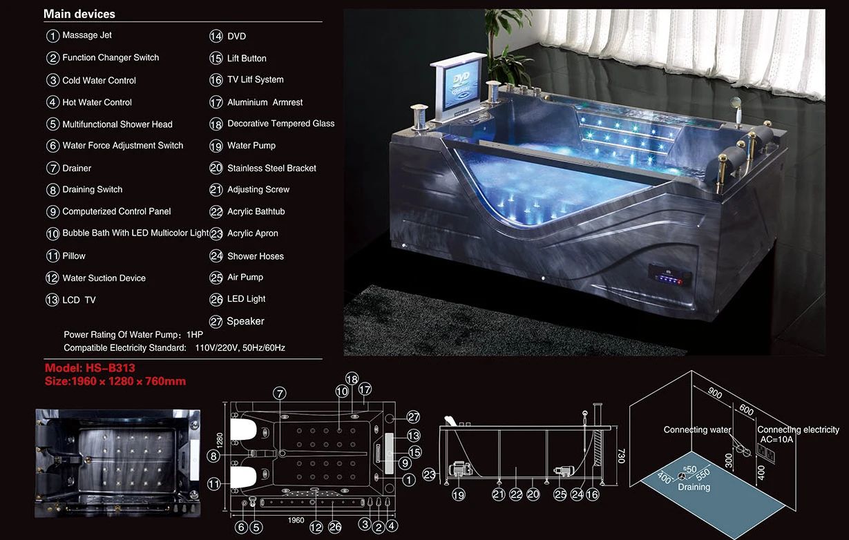 Double Jet Whirlpool Bathtub With Tv,Black Whirlpool Acrylic Bathtub