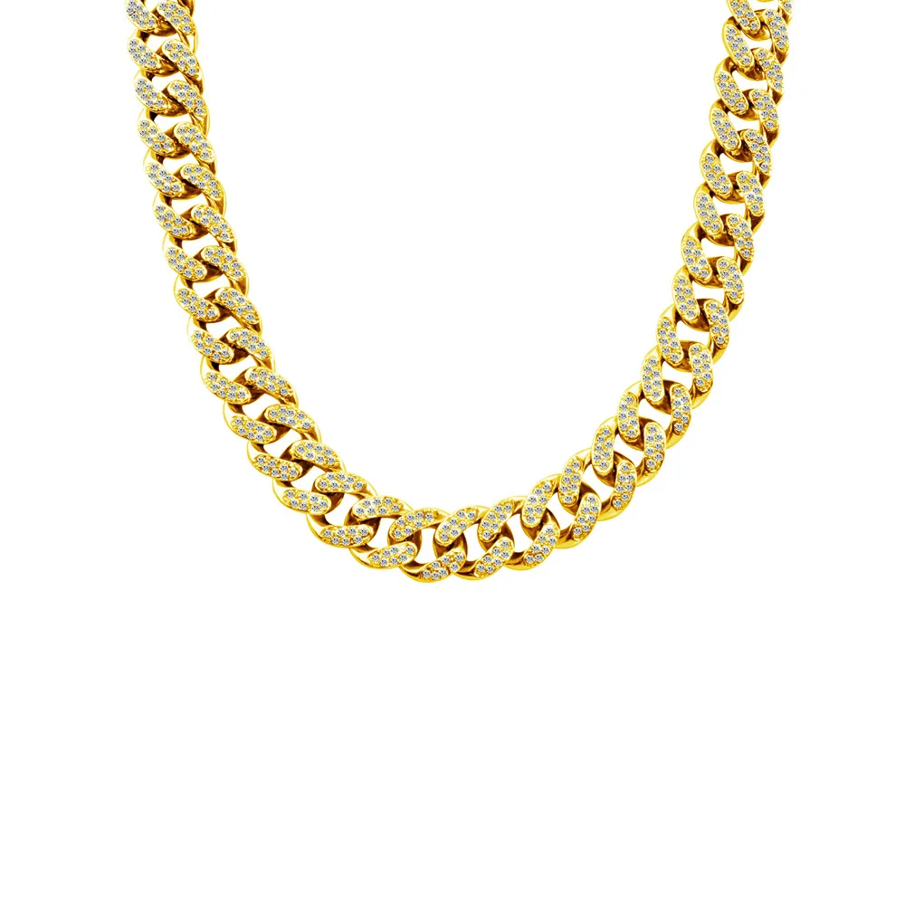 Gold Color Necklace Hip Hop Miami Curb Cuban Chain Iced Out Paved Rhinestones CZ Bling Necklace For Men Women Jewelry