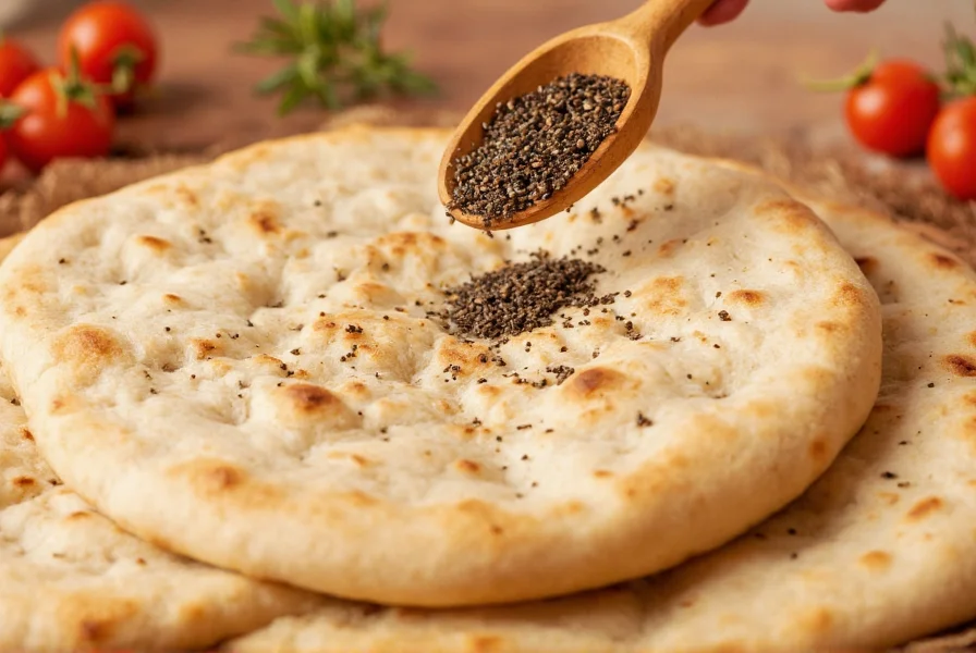 Close-up of black cumin seeds being sprinkled on freshly baked naan bread