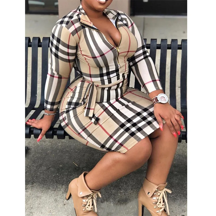 

Designer Brand Large Plus Size Women's Fashion Slim Waistband Buttock Grid Large Size Dresses For Women Clothing, As picture