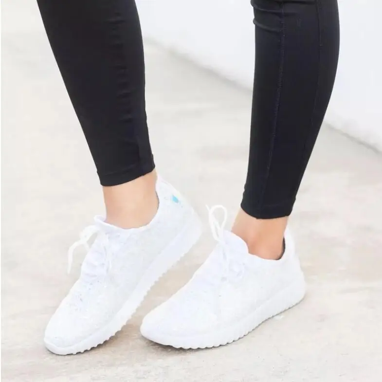 

2021 new lightweight flat sequined casual large size flying woven single shoes lace-up running shoes women's single shoes, Black white pink silver gold