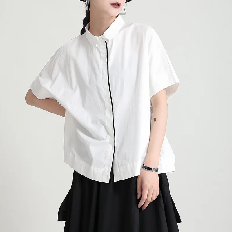 

2021 summer Japanese splicing ribbon design short-sleeved thin cardigan single-breasted stand-up collar white shirt women top, Customized color