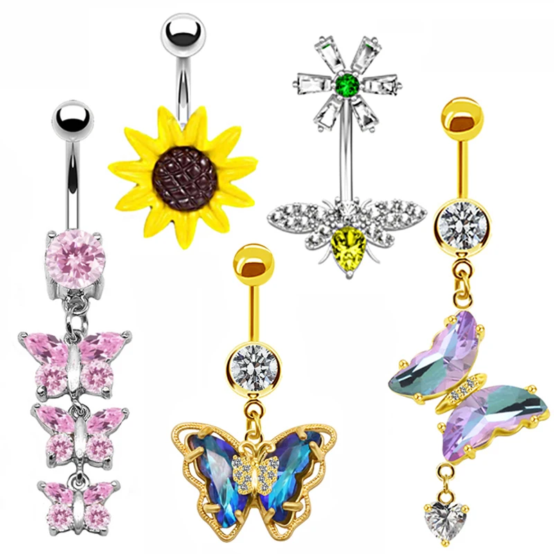 

Gaby new design stainless steel navel sexy belly rings dangling butterfly shiny belly piercing belly button ring body jewelry, Silver pink black