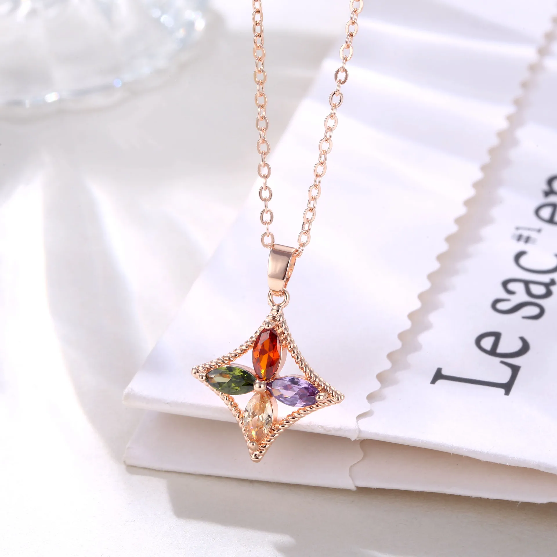 

Fashion Jewelry Mona Lisa 7 Color Zircon Rose Gold Rhombus Necklace Pendant for Women Girls Christmas Valentine's Day GIft