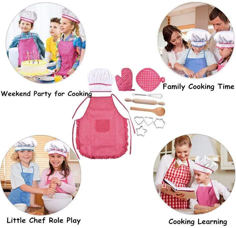 Chef Hat Pacoco Complete Kids Cooking and Baking Set 11/12 Pcs Includes Apron for Little Girls Mitt & Utensil for Toddler Dress Up Chef Costume Career Role Play for 3 Year Old Girls and Up 