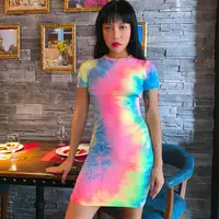 

2020 Women Short Sleeve Dress Summer Sexy Colorful Club Party Above Knee Dresses KG3424