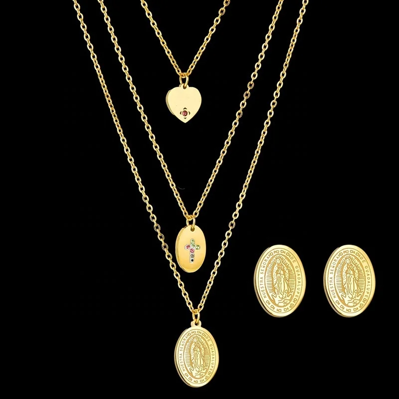 

Wholesale womens religious Maria 18K gold plated stainless steel necklace earrings jewelry set