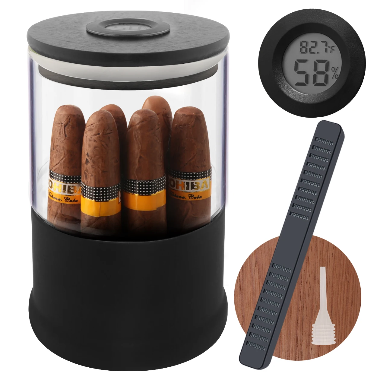 

Wholesale Custom Glass Round Cigar Humidor Jar Case with Digital Hygrometer and Humidifier, Transparent