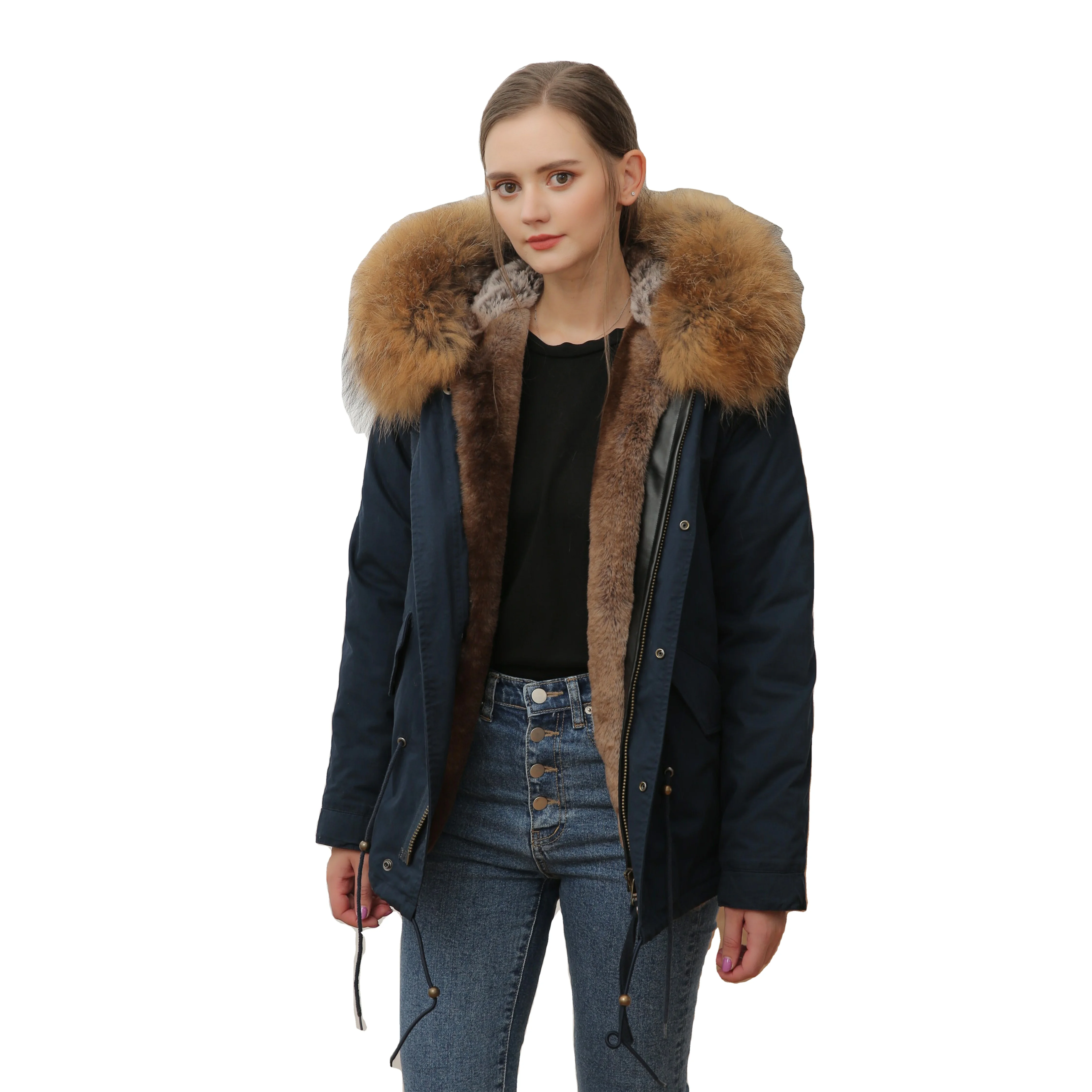 

Concise Style Natural Faux Rex Rabbit Fur Lining Warm Parka Winter Fashion Coat For Men And Women, Navy