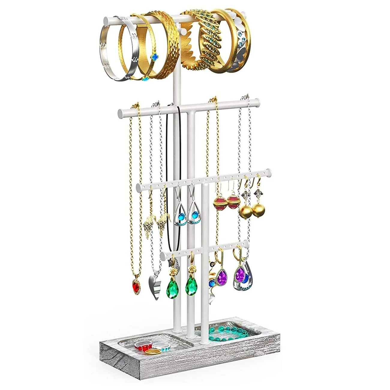 

Jewelry Stand 3 Tier Towers Tree Jewelry Organizer with Metal Rack and Paulownia Wood Storage Base Necklaces Bracelets Earrings