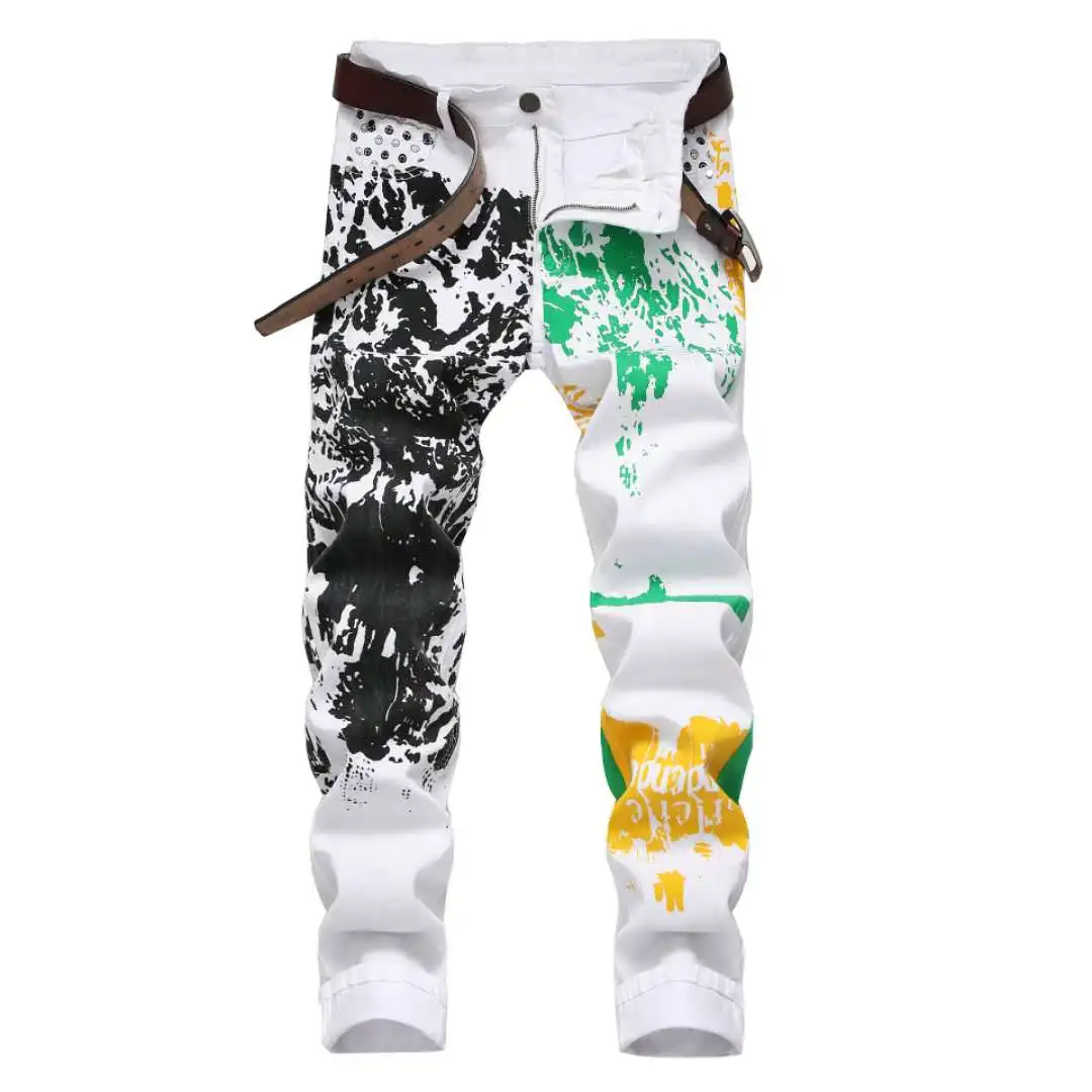 

China Factory Custom Wholesale men's slim fit Denim Jeans Printed Graffiti style jean pants, White