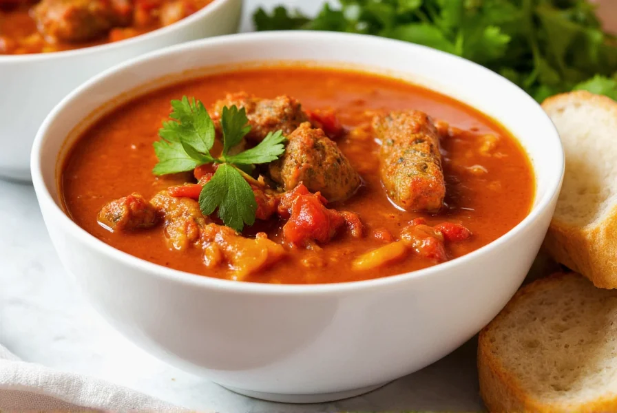 Finished stuffed pepper soup in white ceramic bowl with fresh parsley garnish and side of crusty bread