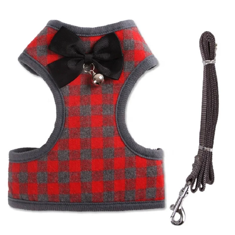 

Secure small pet dog cat stylish reversible corduroy vest harness with nylon leash rope set plaid cute dog harness bowtie bell, Gray red blue pink yellow