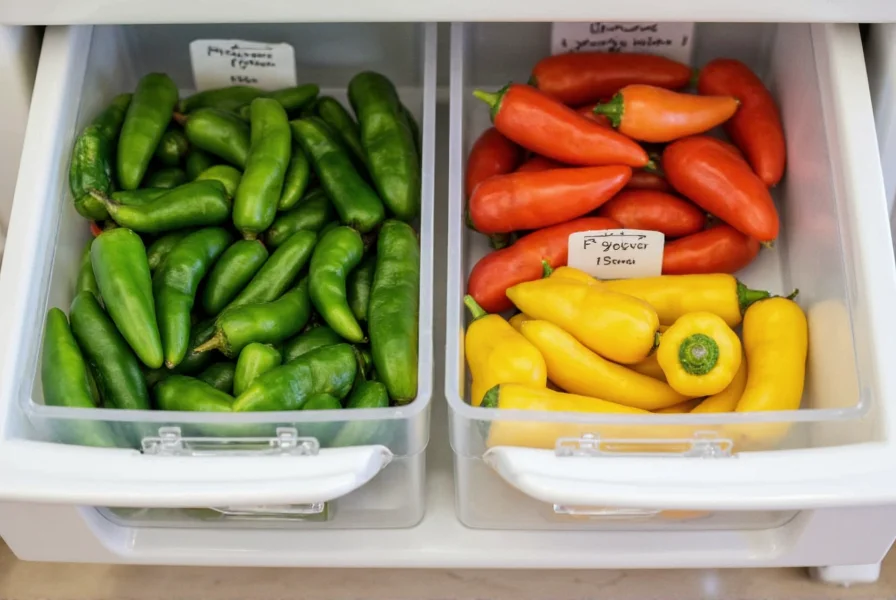 Properly stored jalapeños and serrano peppers in refrigerator crisper drawer with labeled containers for fresno chili pepper substitution
