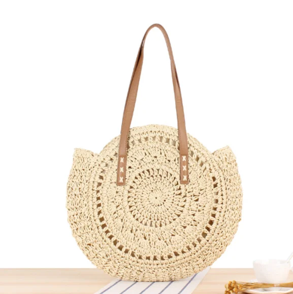 

Large Straw Beach Bags Crochet Weave Cotton Lined Pocket Natural Summer Women Hand Make Tote Bags