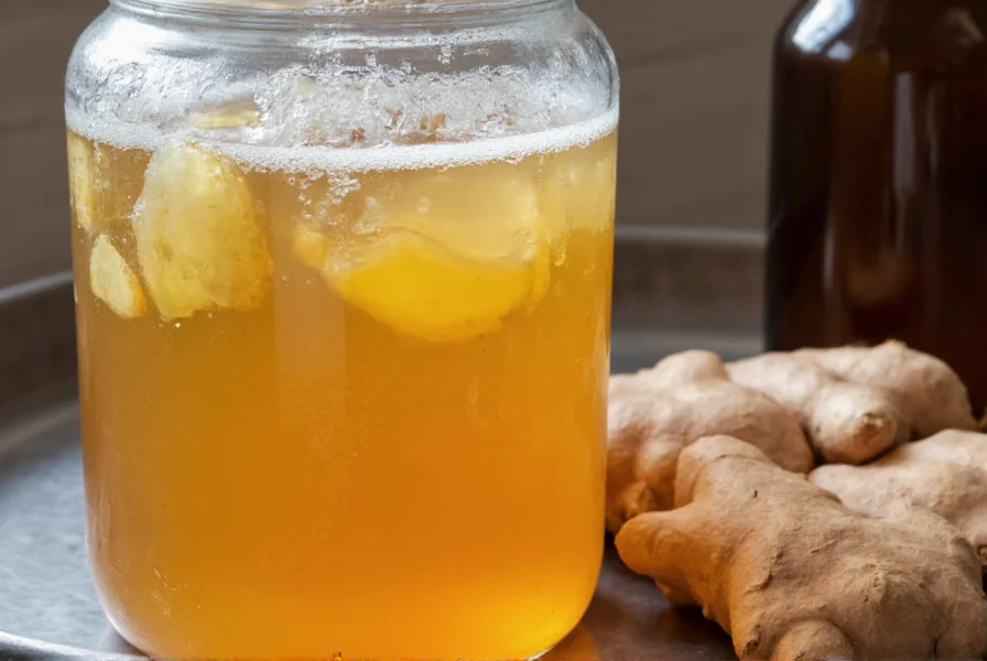 Glass jar with ginger beer fermenting, showing bubbling activity and fresh ginger pieces visible through the glass