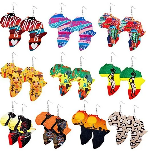 

New Hot Selling African Map Wooden Earrings Accessories Fashionable Colorful Painting Earrings Set Wholesale, Shows as pictures