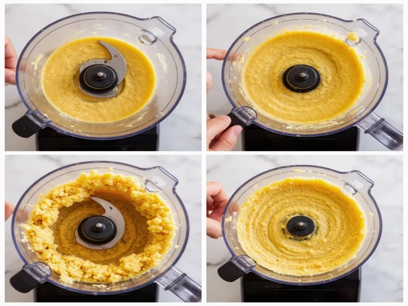Step-by-step hummus blending process in food processor