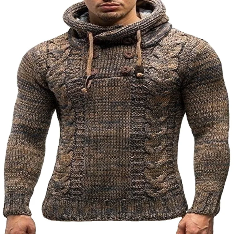 

2020 Autumn And Winter European And American Fashion Men'S Knitted Pullover Long-Sleeved Hooded Epaulettes Horn Buckle Slim-Fit