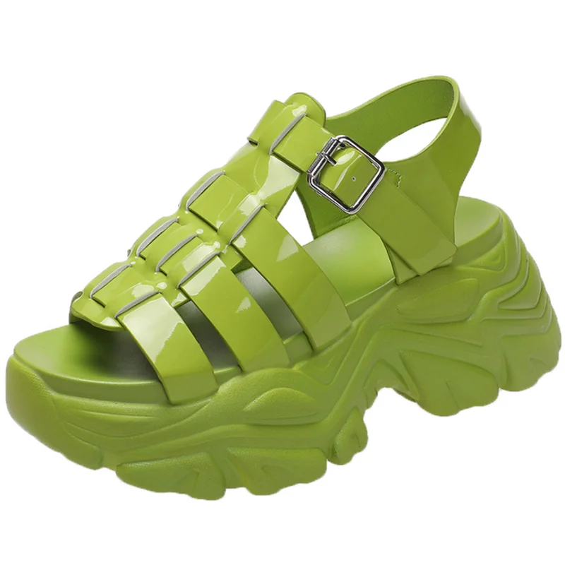 

Dropshipping Custom Logo Summer Women Patent Leather Sandals Ladies Platform Chunky Wedge Heel Sandals