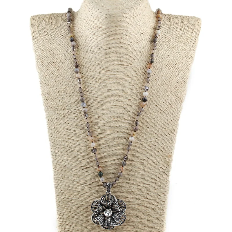 Fashion Bohemian Jewelry Mix Color Natural Stone Crystal Glass Beads Knotted Rhinestone Flower Pendant Necklace