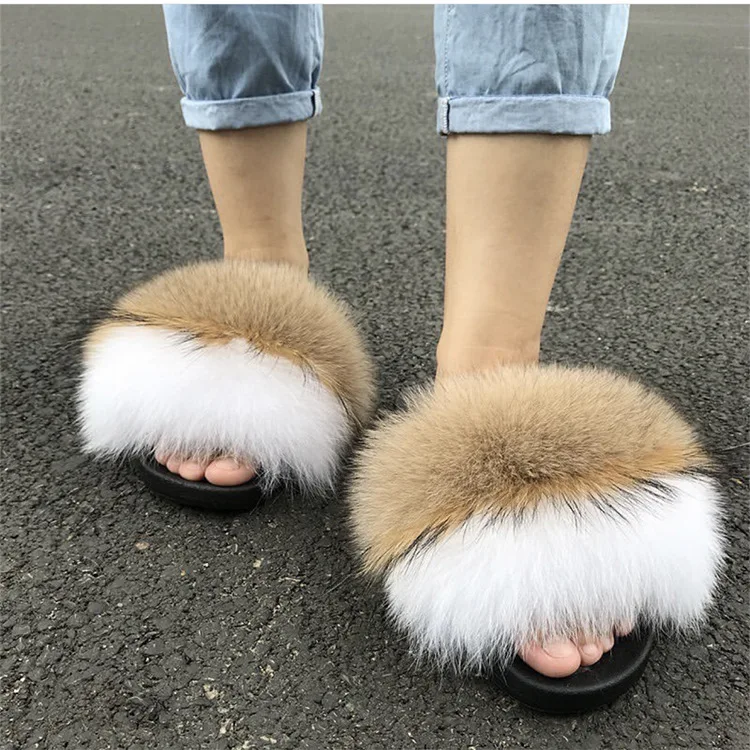 

2021 Custom logo pvc sole furry fur slides sandal colorful 100% fluffy fox for women raccoon fur slipper