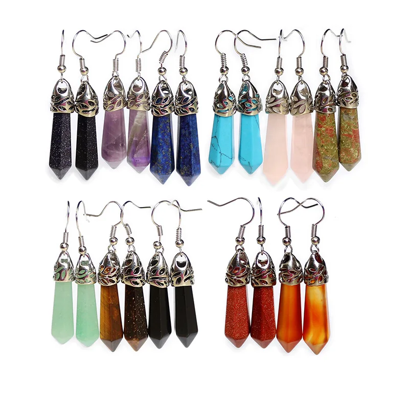 

2020 Christmas Gift Natural Quartz Stone Aretes Hexagonal Gemstone Crystal Healing Point Pendant Drop Earrings for Women, 16 colors