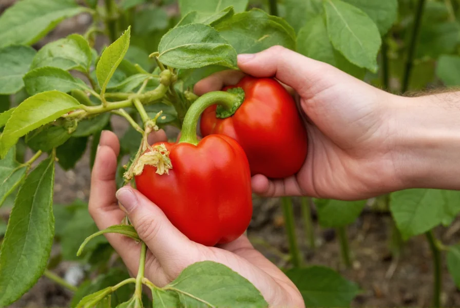 Close-up of hand harvesting ripe red bell peppers from healthy pepper plants in a well-maintained garden