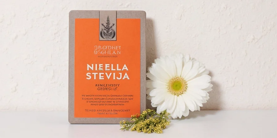 Cup of steaming herbal tea with stevia and nigella ingredients nearby