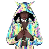 

Winter Short Coat Stand Collar With Hooded Reflective Holographic Fabric Womens Padded Jacket