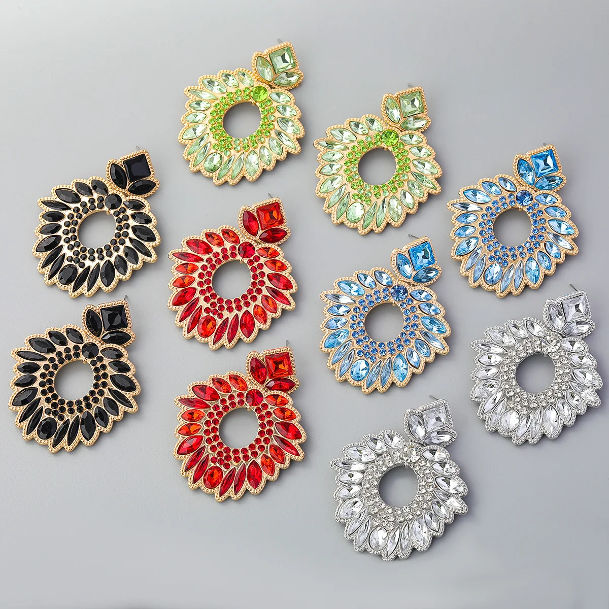 

Ins New Arrivals Gold Plated Multicolor Rhinestone Statement Earrings Colorful Crystal Flower Drop Earrings for Party, As pictures