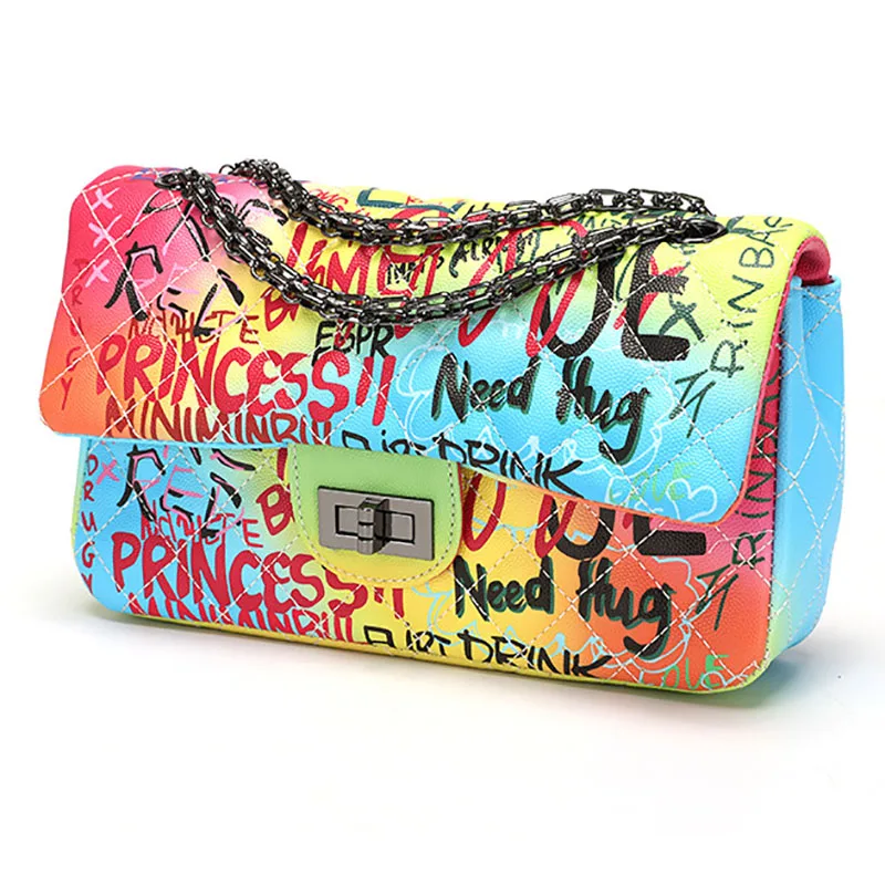 

Trendy PU leather women ladies beautiful rainbow printed shoulder chain bags square Graffiti handbag purse, As picture or custom color