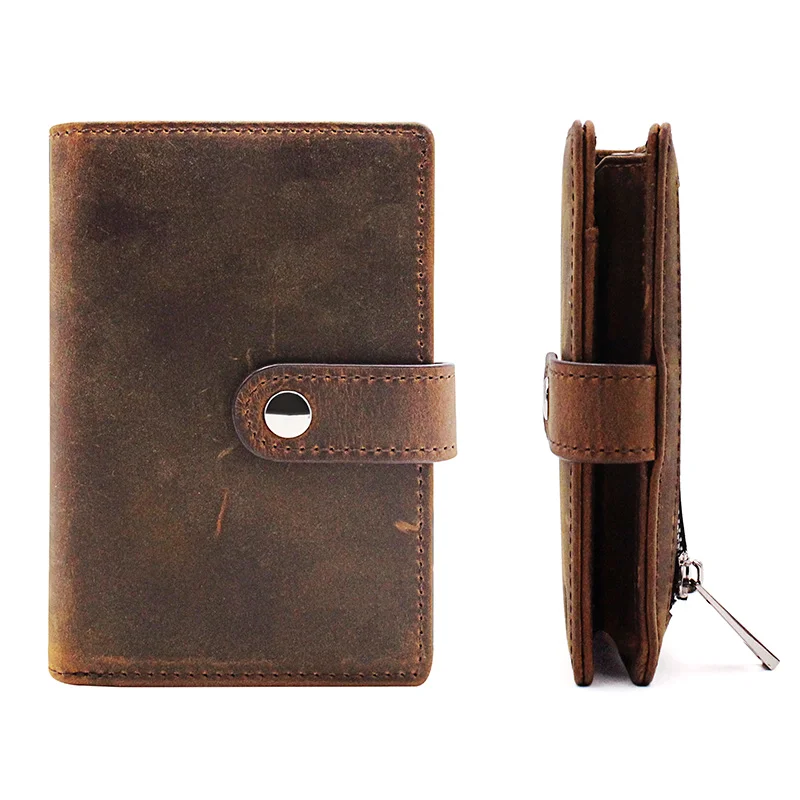 

Minimalist Slim Bifold Wallets Holders Men's Custom Logo Handmade Wholesale Crazy Horse Leather Automatic Pop Up Wallets