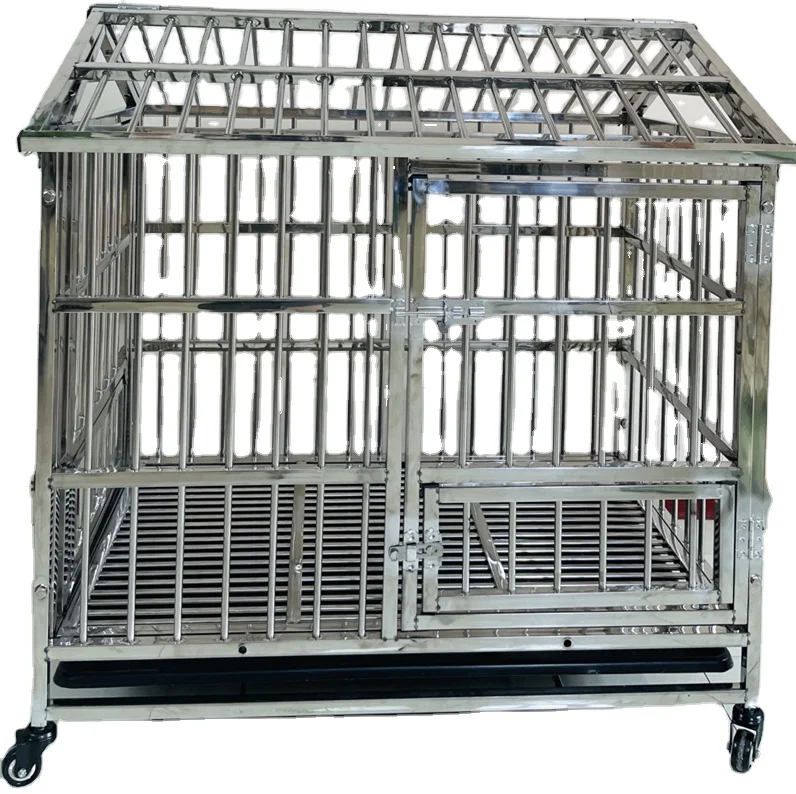 

Dog crate stainless steel metal large dog cage with roof, Silver