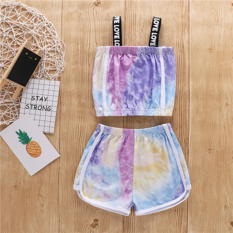 

2021 Toddler Baby Summer Outfits Sleeveless Straps Tank Tops Shorts Pant Tie Dye Sets Girls Clothing