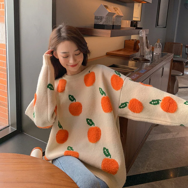 

Wholesale new arrival fashion lady crew neck puff sleeve loose fit cartoon fruit print pullover sweater, Black