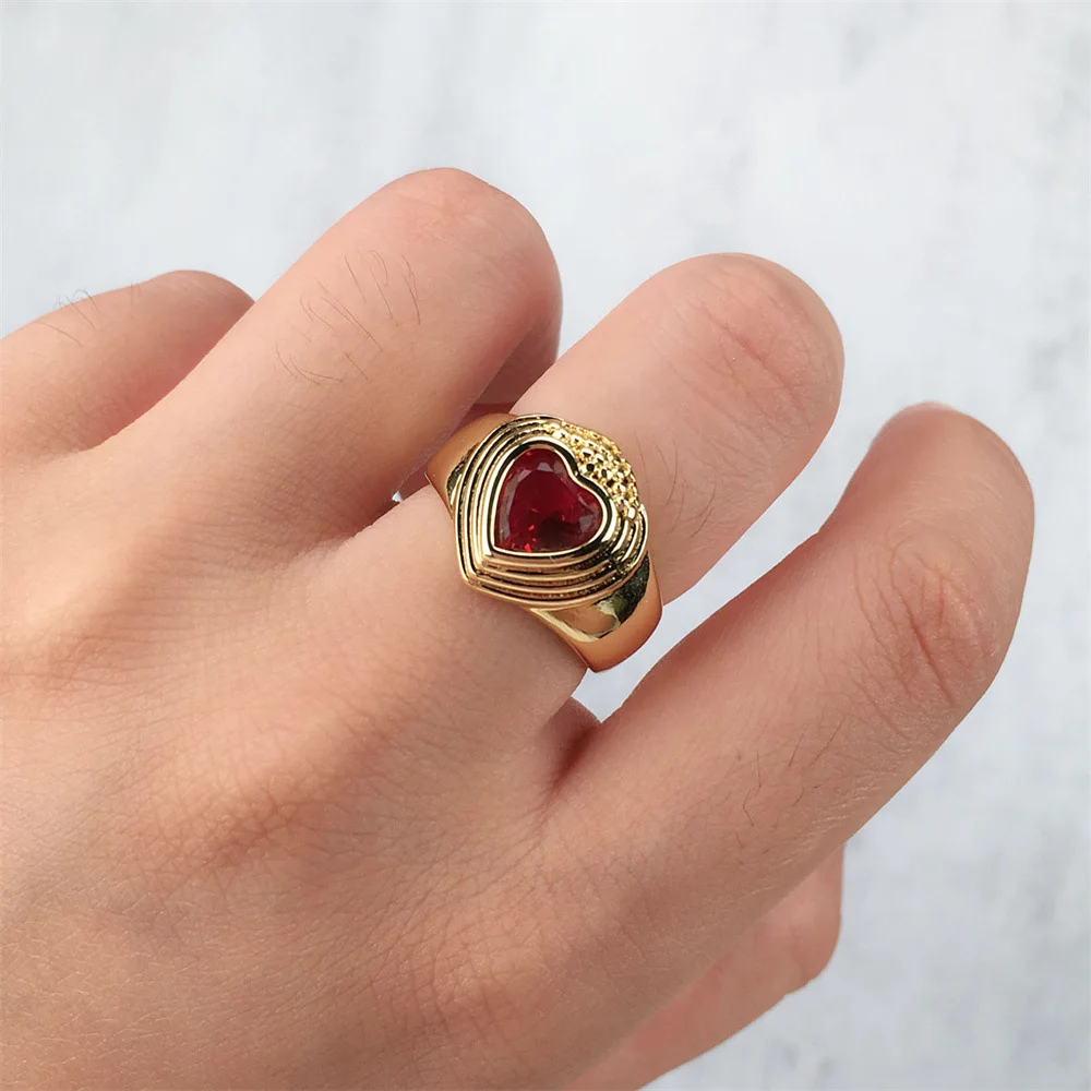 

Retro Vintage Gold Plating Heart Diamond Open Rings Chunky Ruby Heart Rings For Women