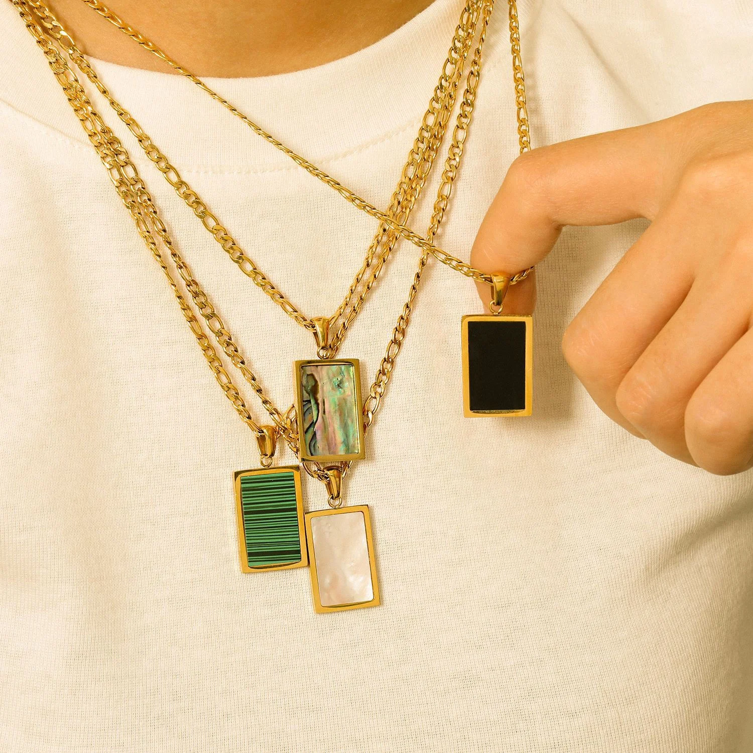

Fashion Gold Plated Stainless Steel Figaro Chain Necklace Rectangle Abalone Malachite Onyx Mother of Shell Pendant Necklace, Gold color