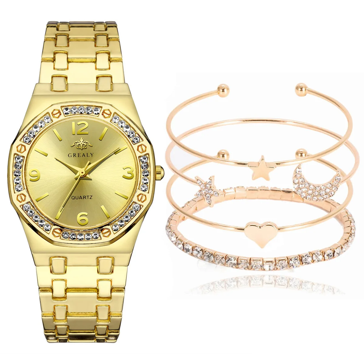 

4419 Women Watch Rose Gold Stainless Steel Analog Quartz Wrist Watches Bracelet Set Jam Tangan Wanita, 3 color as photo